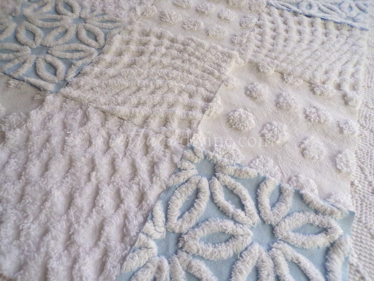 Coastal Chic Chenille Quilt Squares Set from Vintage Bedspread Fabric, 16 Blocks, 6" x 6" inch