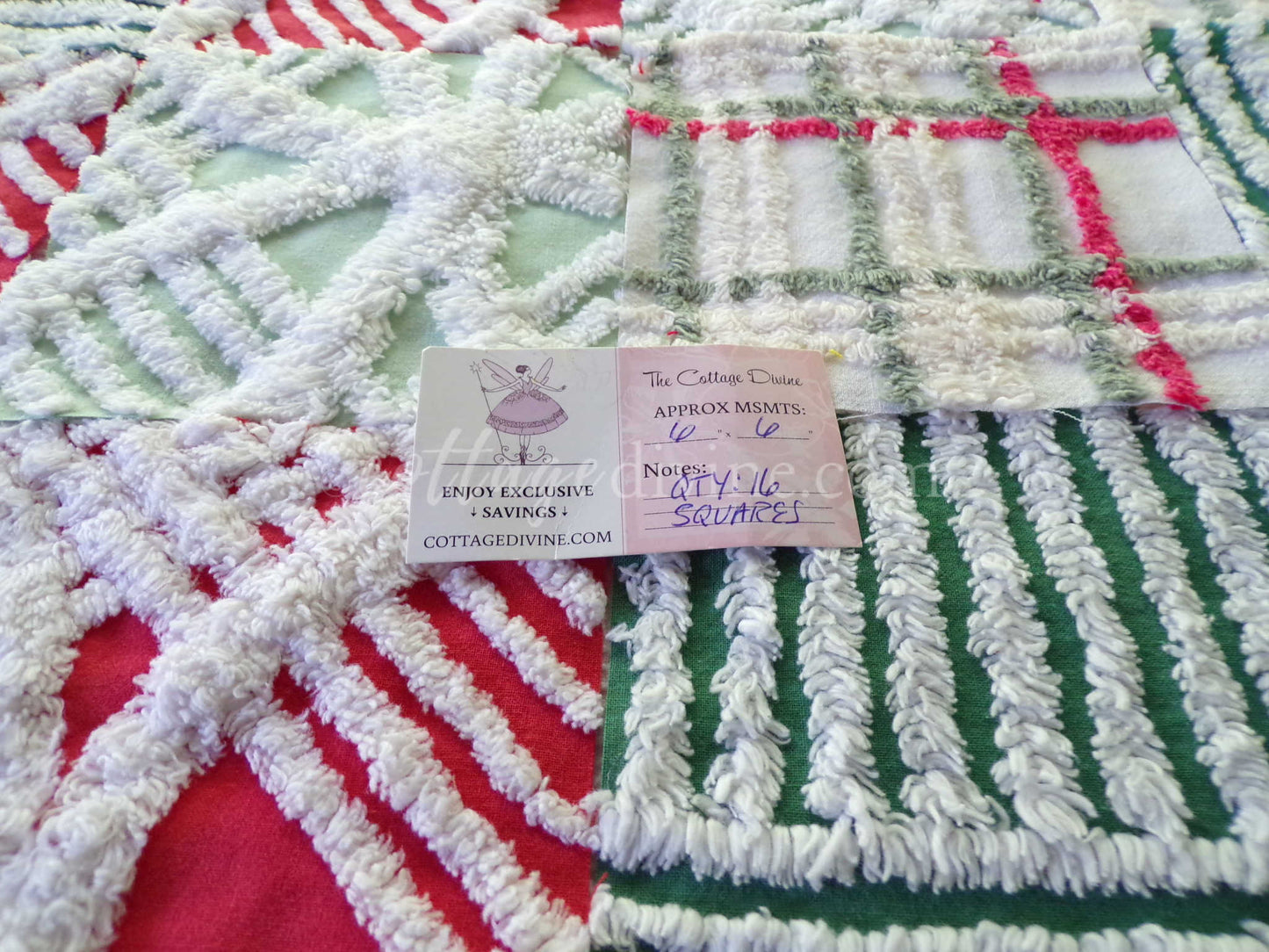Christmas Quilt Squares Set, Rotary Cut from Vintage Chenille Bedspread Fabric, 16 Blocks, 6" x 6" inch, Traditional Red, Green & White