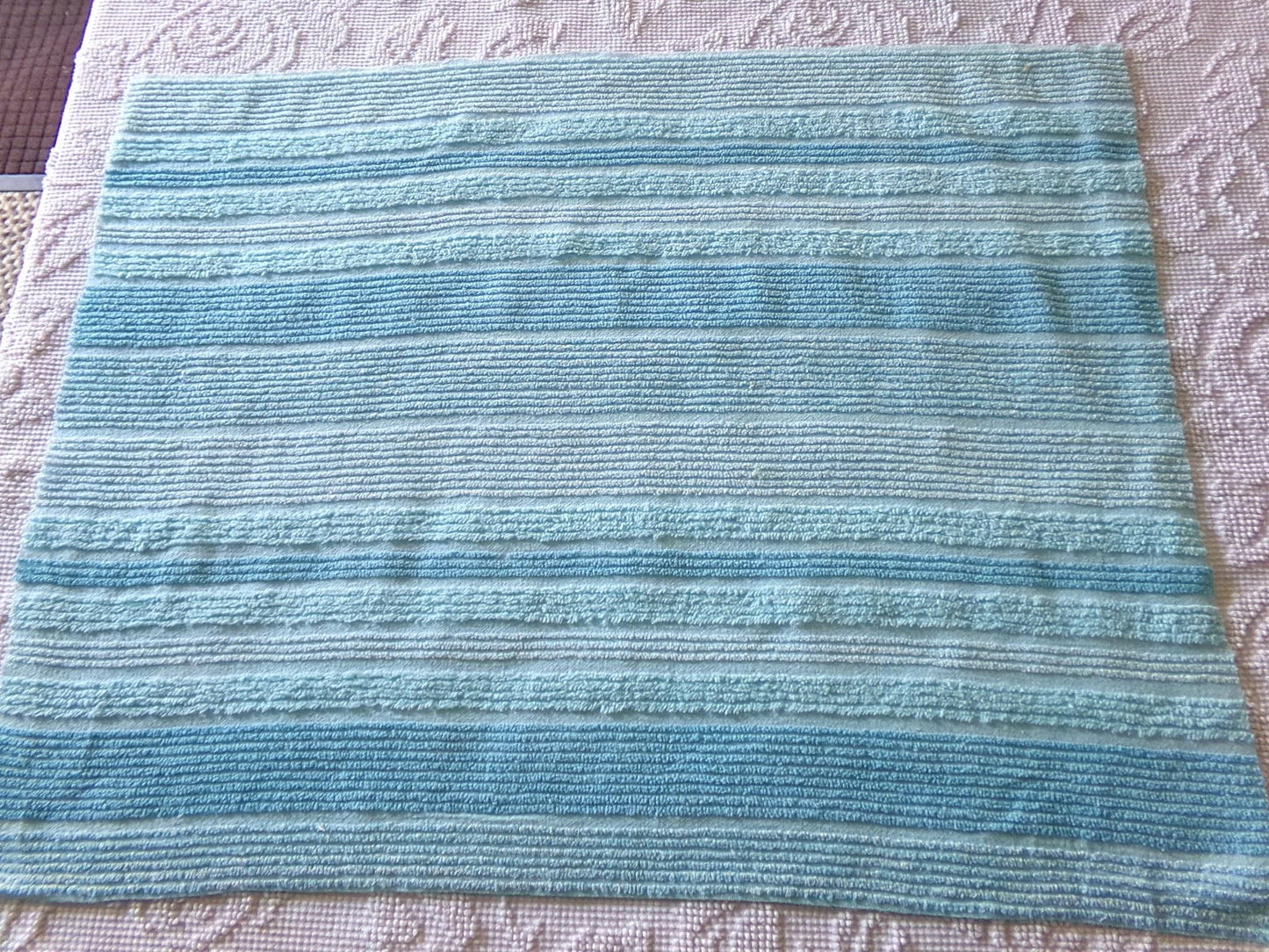 mermaid trail vintage striped chenille fabric, lightweight aqua sewing material with variegated multisize lines, 20" x 24" inch piece