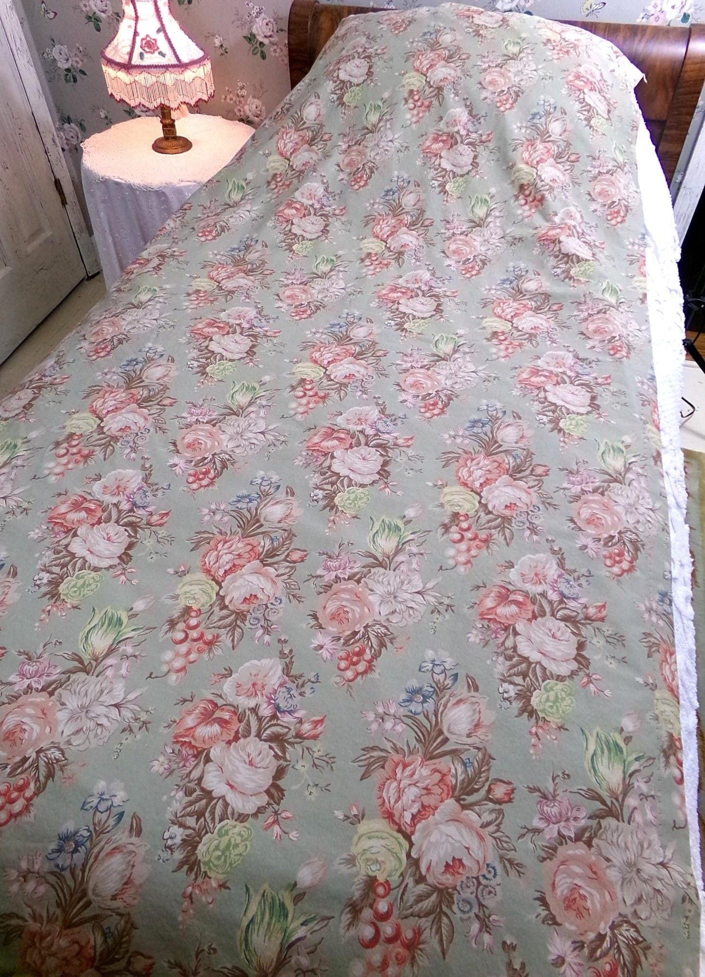 Ralph Lauren Charlotte SINGLE Curtain Panel, Vintage Sage Green Floral Window Drape, Classic Blue Label Print, USA Made Cotton