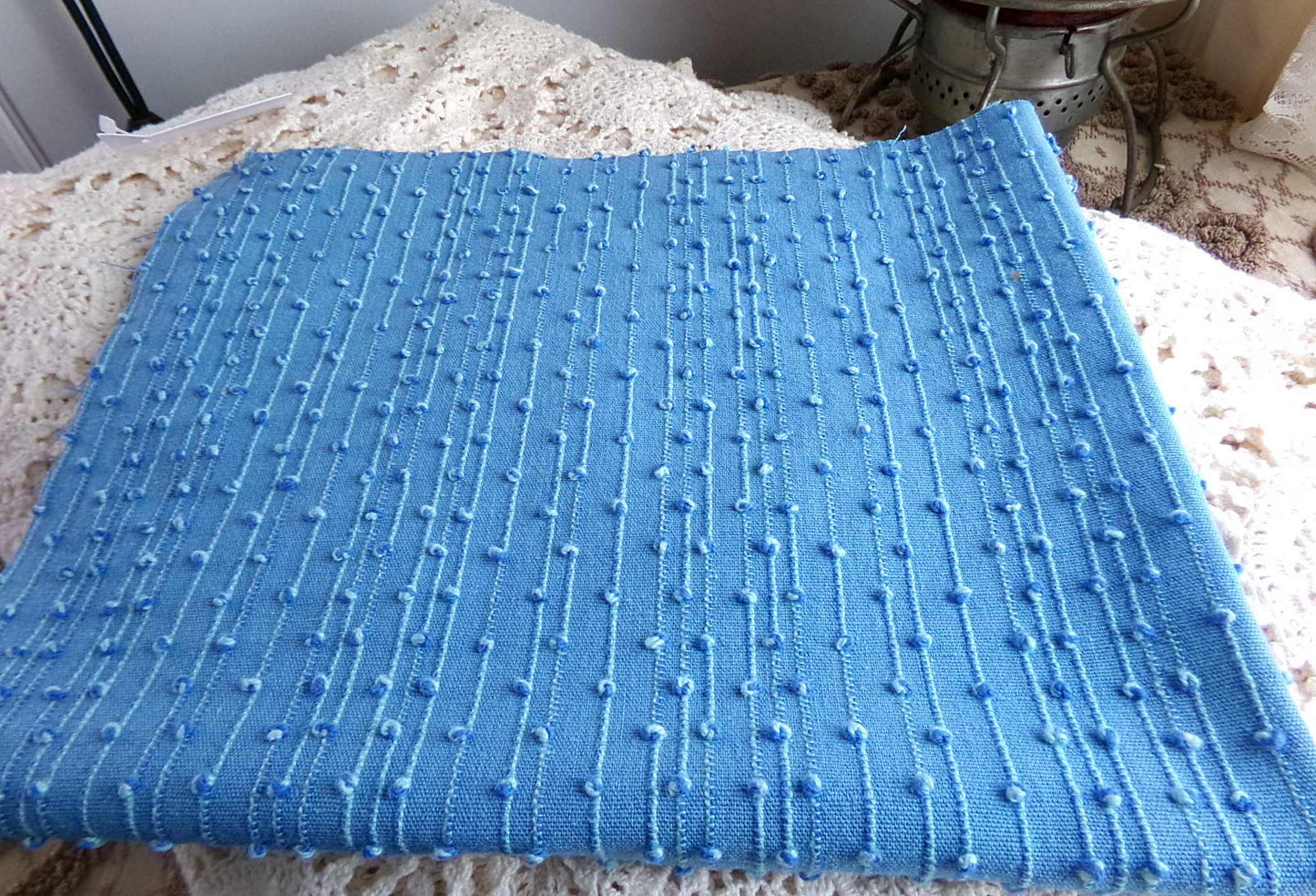 baby raindrops vintage woven chenille fabric, tiny marbleized raised blue dots, great texturized sewing material, 20" x 24" cut piece