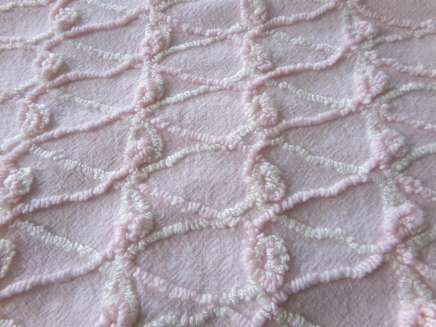 Eternity Knots Vintage Chenille Fabric Material, 19" x 26" inch Piece, Lovely Feminine Pastel Pink & Iridescent Vanilla Cream