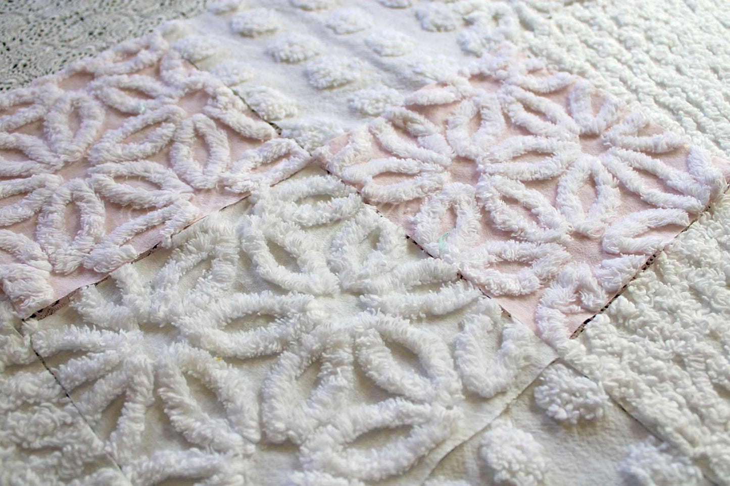 Baby's Breath Chenille Fabric Squares Set in White & Pink, Cut from Vintage Chenille Bedspread Material, 16 Blocks, 6" x 6" inch each