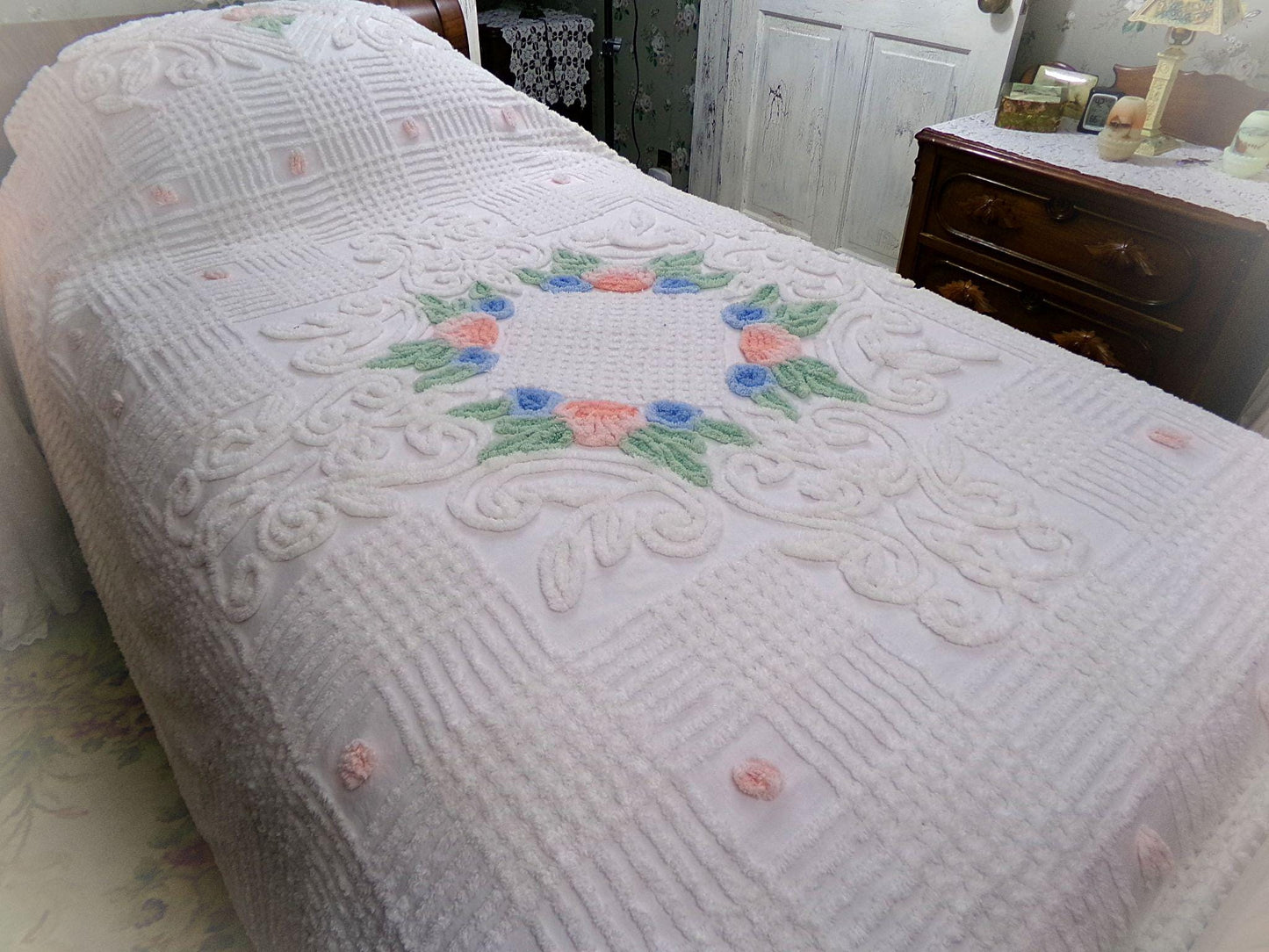 roses in winter vintage chenille bedspread, white cotton summer coverlet, classic cottage style full size bedding