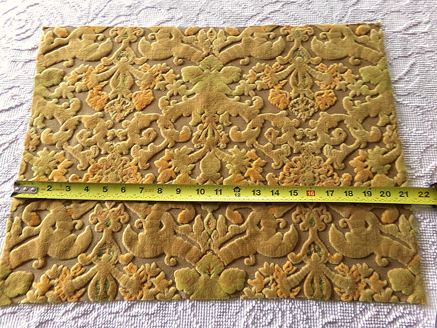 earthtones cut velvet fabric, distressed vintage Bates tapestry style chenille material, 20.5" x 15" piece, popular in boho bags