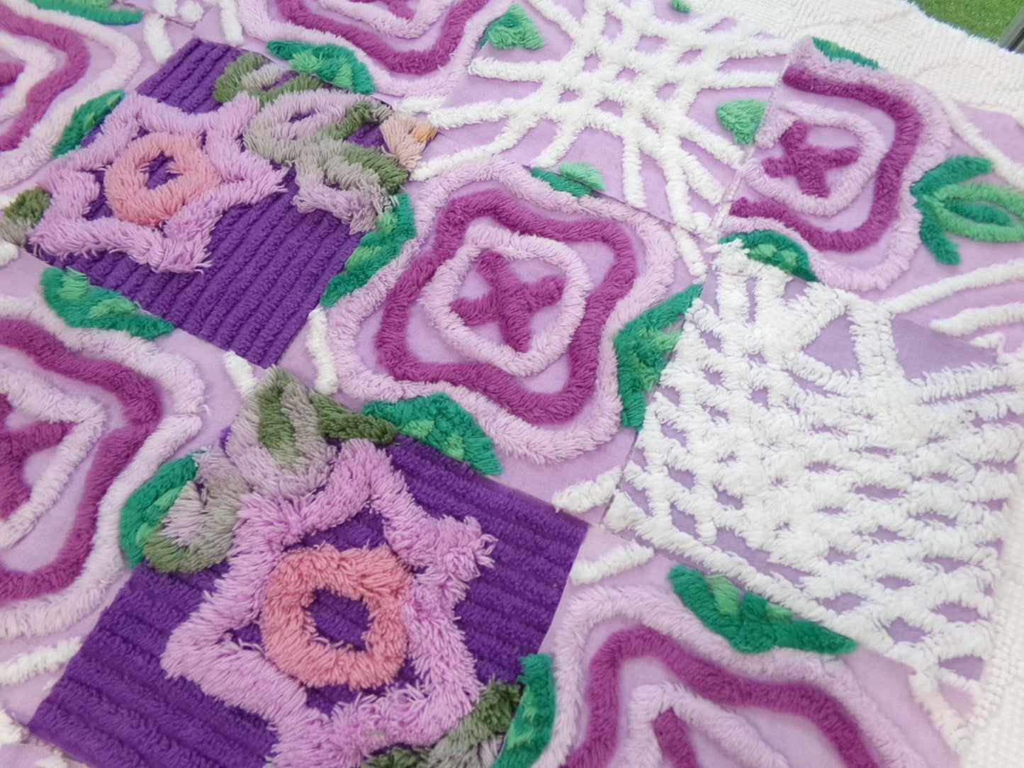 moondance chenille fabric squares, set of 16 vintage 6" craft blocks, lavender purple roses & white for quilt inlays, pillows, fiber arts