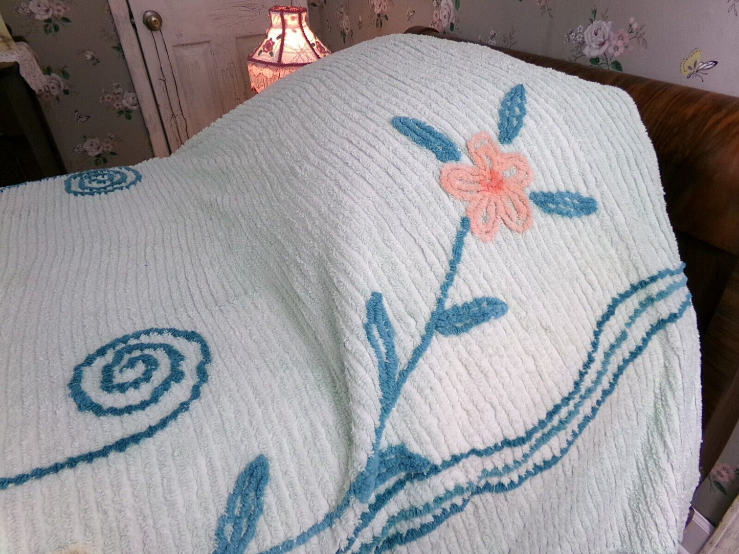 Mint Green Vintage Full Chenille Bedspread Midcentury Sprawling Scroll Floral Design