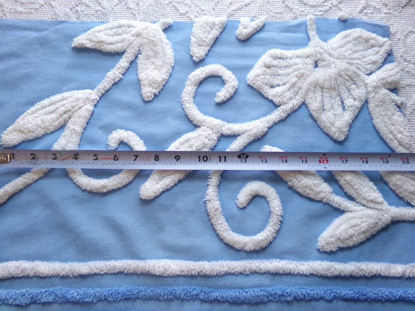 botanical white lily vintage chenille fabric, soothing blue 15" x 22" piece of sewing material for quilting and crafts
