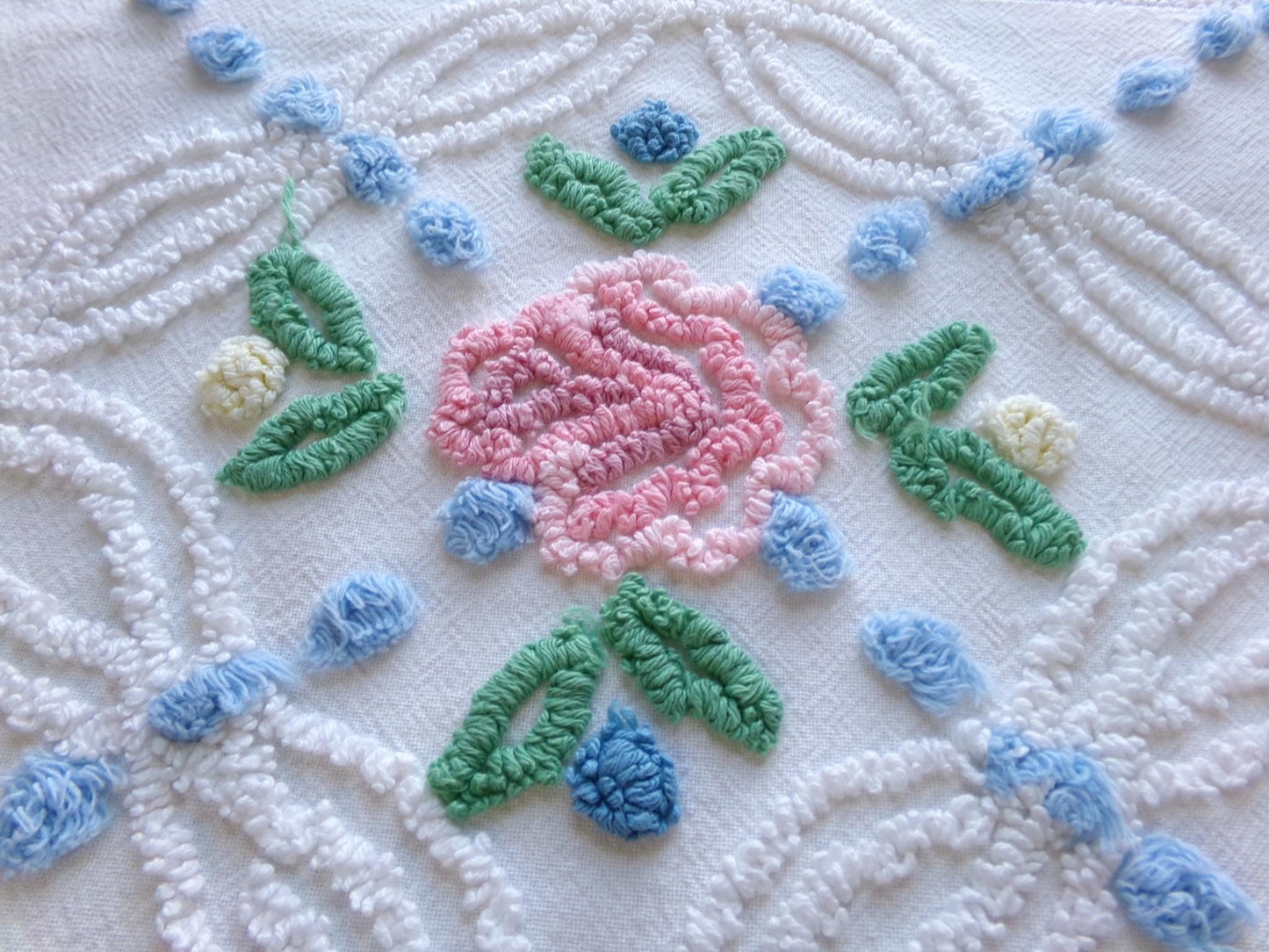 favorite cottage style vintage chenille fabric, pink roses & blue dots, 20" x 27" piece of white sewing material for quilting and crafts
