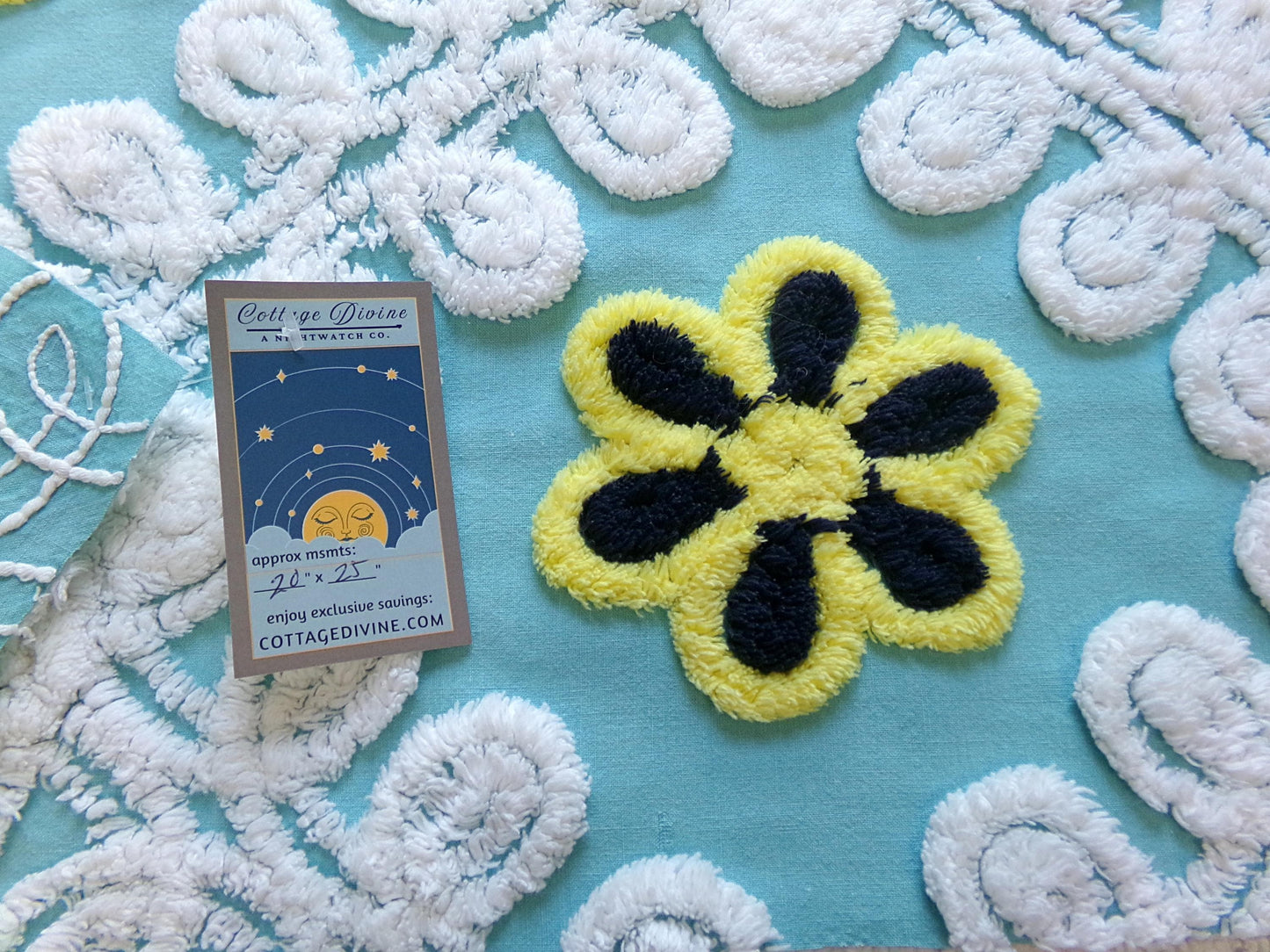 beach girl vintage chenille fabric, frothy white, seaglass blue, 20" x 25" piece of cotton sewing material for crafts, quilts, pillows