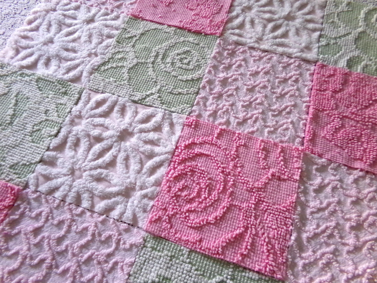 Flower Lady Vintage Chenille Squares, 16 Quilt Blocks, 6" inch in Sage Green, Petal Pink & Rose, from Chenille Bedspread Fabrics