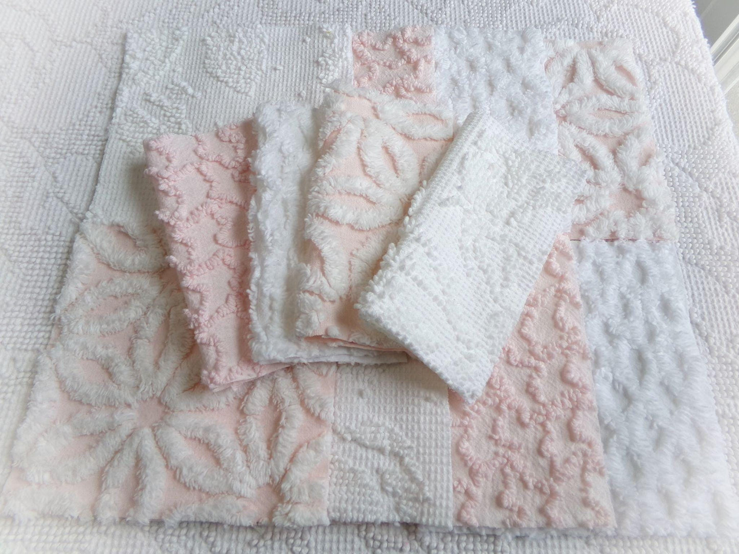 pink & white vintage 6" chenille squares, set of 12 quilt blocks in a lovely selection of popular patterns for sewing, crafts