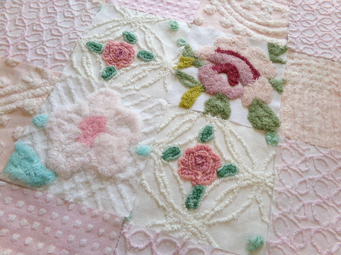 fairy flowers chenille fabric squares, set of 16 vintage craft quilt blocks 6" inches ea, soft pink, peach & floral