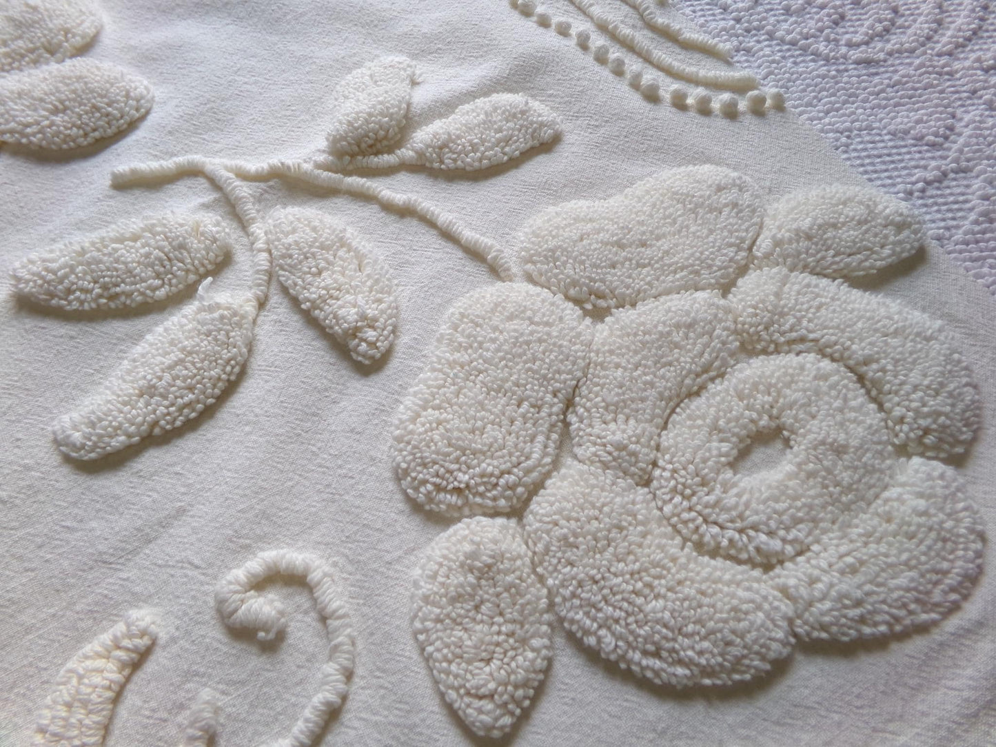 ivory rose vintage chenille fabric, vintage cotton 15" x 21" cut piece with sprawling stylized roses for quilting crafts and sewing