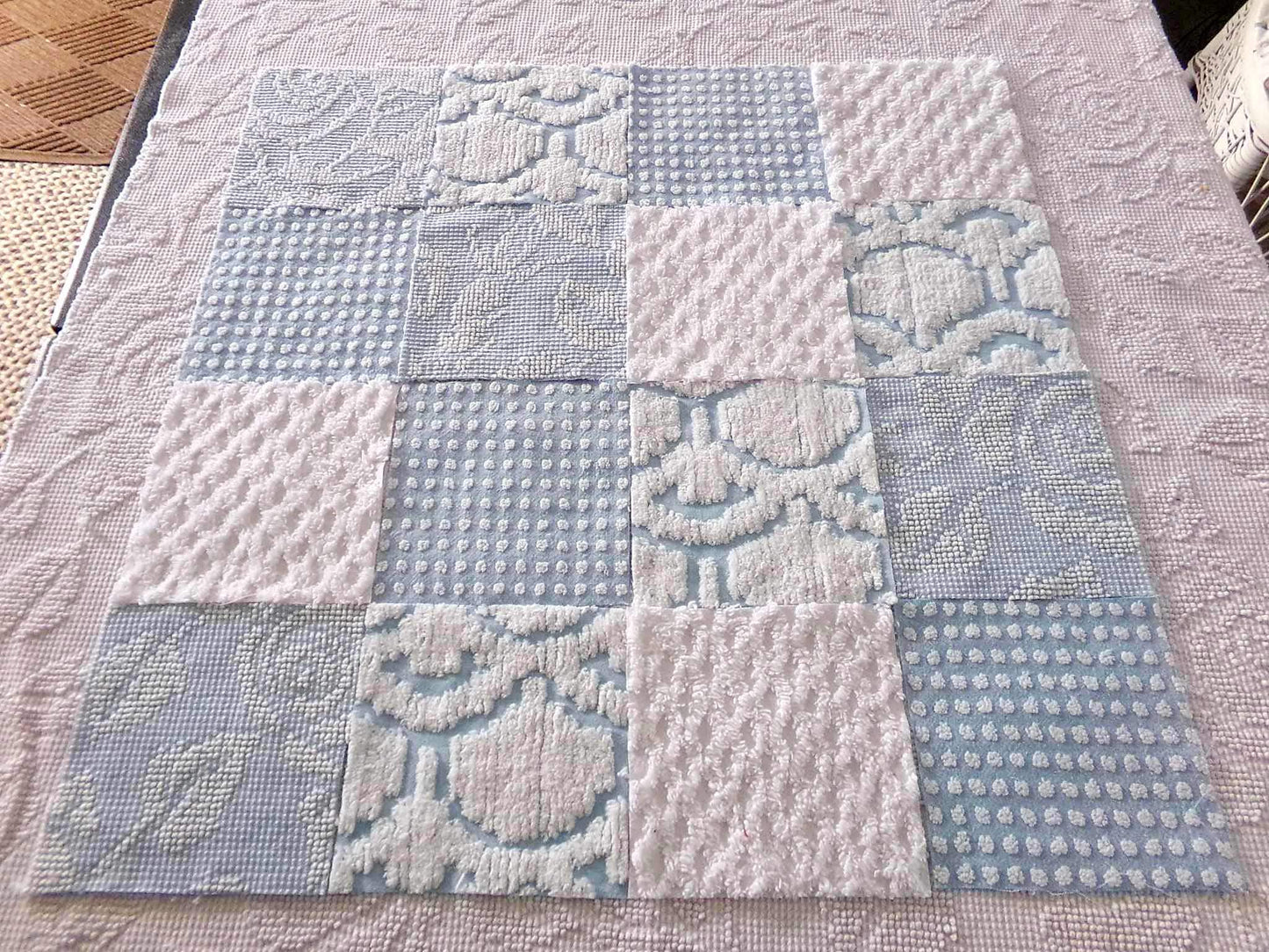 seaside chill chenille fabric squares, 16 vintage blue & white quilt blocks 6" x 6" inch, for pillows, quilting, crafts