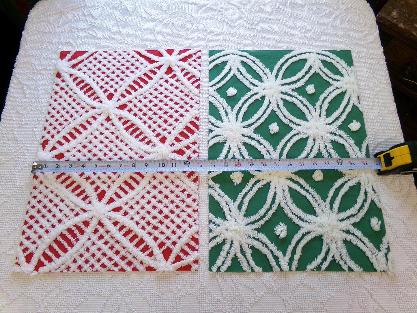 Christmas Quilt Fabric Stash Builder | Vintage Chenille Bundle for Sewing, Quilting in Red, White & Green | 2 Pieces 12" x 18" each