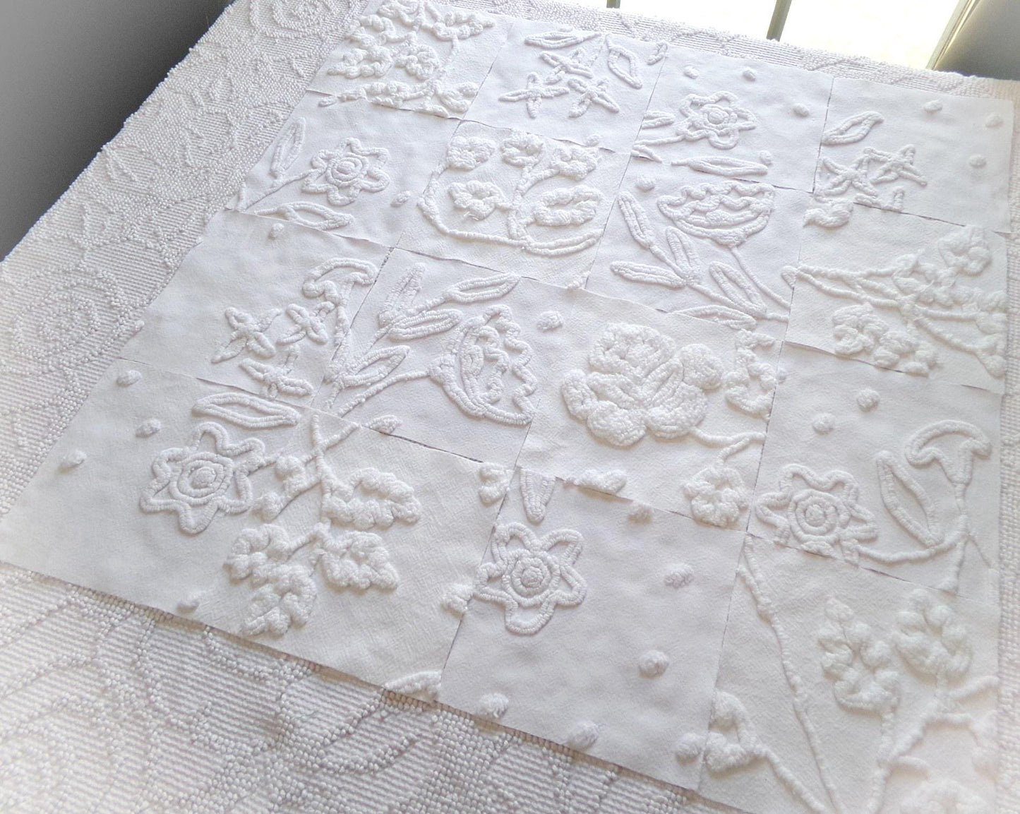 Vintage Chenille Fabric Squares in Winter Garden White Florals from Vintage Bedspread Fabric, Set of 16 Quilt Blocks, 6" x 6" inch
