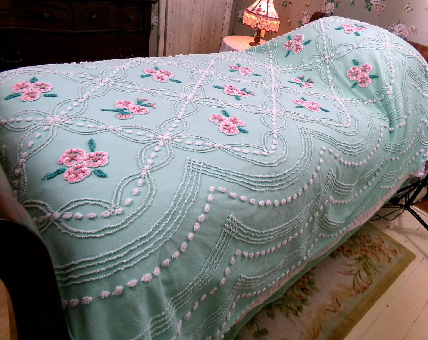 jade green pink rose vintage chenille bedspread, beautiful twin size shabby chic style bedding, great as a summer cottage coverlet