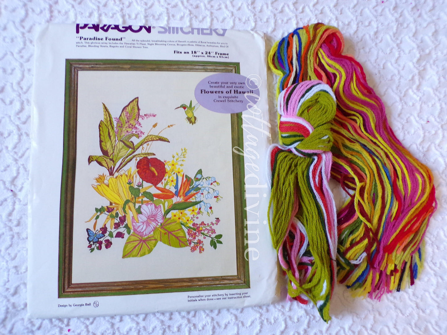 PARADISE FOUND Flowers of Hawaii Hummingbird Vintage Crewel Stitchery Kit by Paragon, Georgia Ball, # 0308