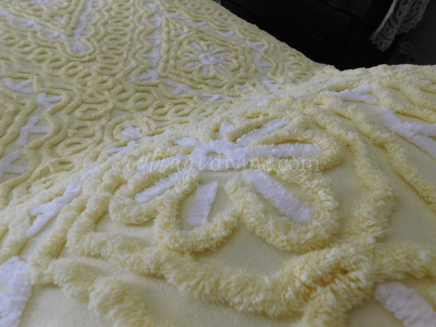 Chenille Bedding, Delicious Lemon Chiffon Vintage Chenille Bedspread, Integrated Ruffle Skirt, Fitted Full Size