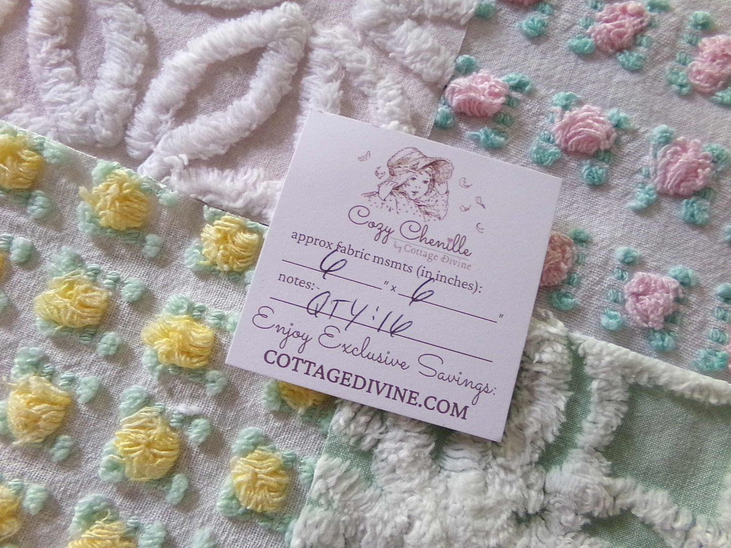 spring medley vintage chenille fabric squares, set of 16 pretty 6" quilt blocks, yellow & pink rosebud, daisy flower, white, mint green