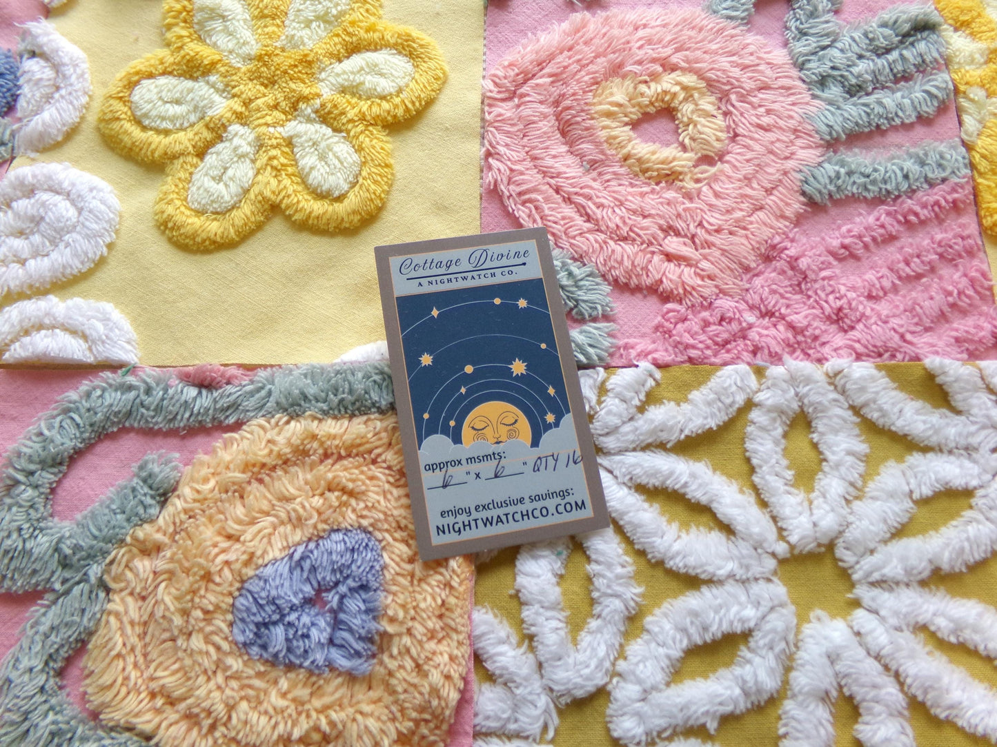 vintage chenille fabric squares, "buttercups & rose petals" set of 16 floral 6" quilt blocks in yellow flower, rose pink floral, gold daisy