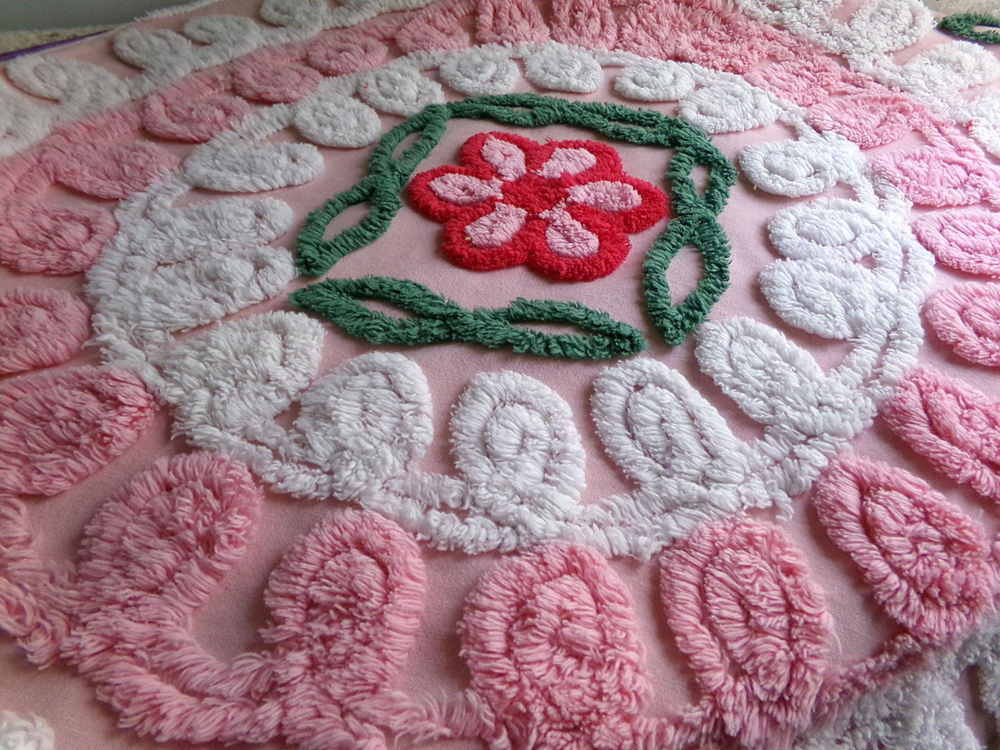 pink & white frosted cake chenille fabric, vintage 1950s sewing material for quilting and crafts, 24" x 23" inch piece with single rose