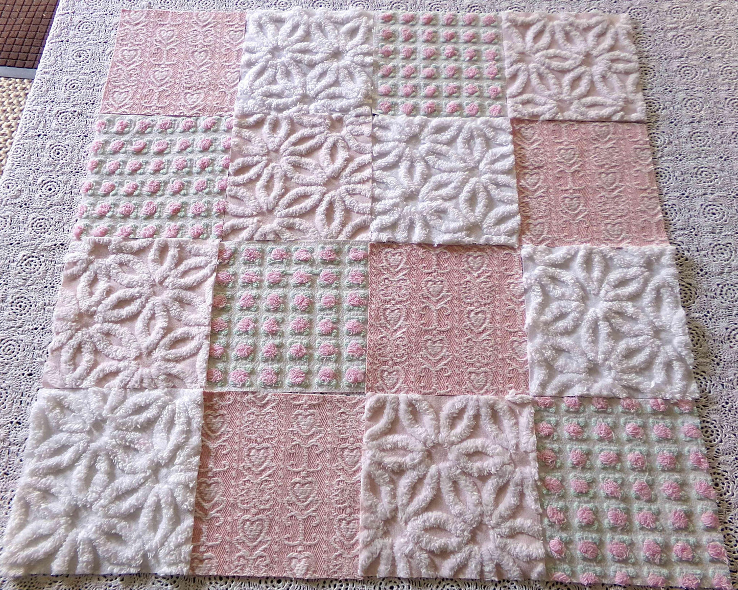 Pink Mix Vintage Woven & Chenille Fabric Squares, Daisy, Rosebud, Hearts Quilt Square Set, 16 Blocks 6" x 6" inch for Pillows, Doll Blankets