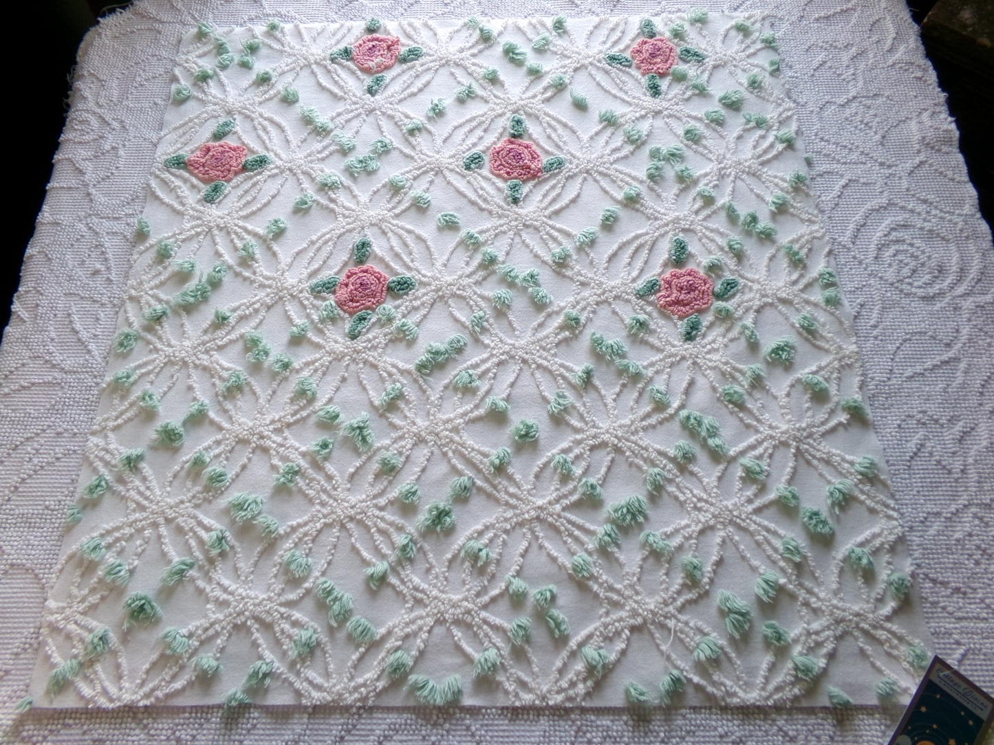 Cottage Life Vintage Chenille Fabric, 23" x 25" Piece, Beautiful Pink Roses Nested in White Wedding Rings with Mint Green Pops