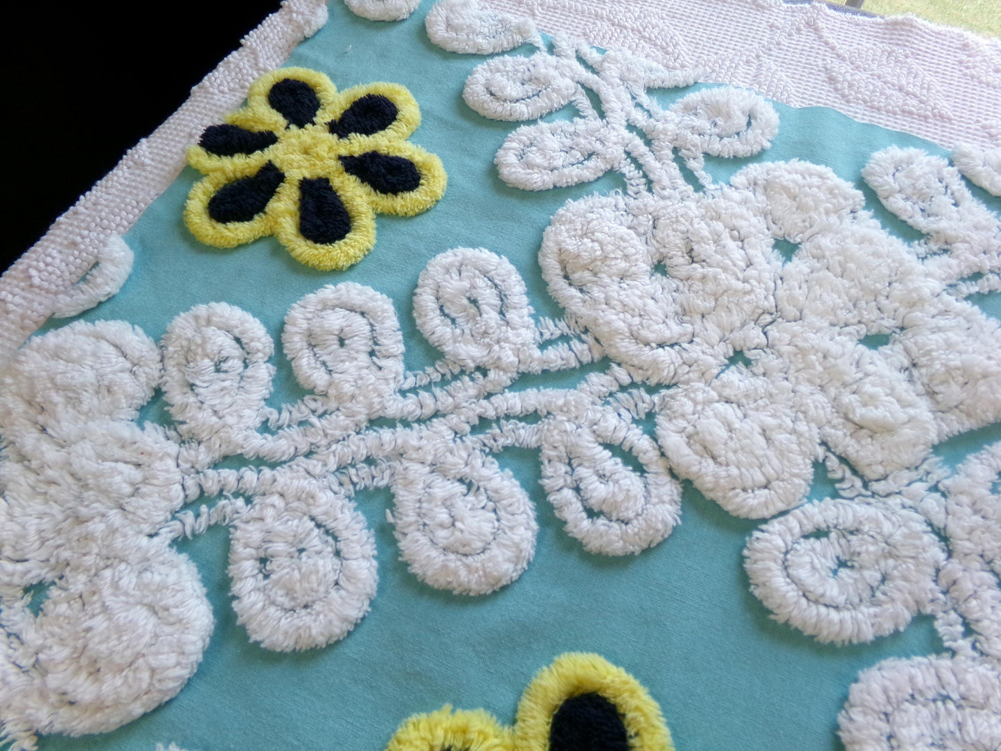 beach chic vintage chenille fabric, bubble white, seaglass blue, 21" x 30" piece of cotton sewing material for crafts, quilts, pillows