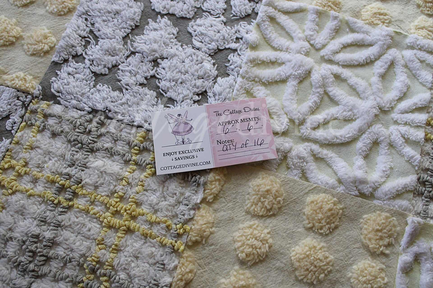 Sunshine & Clouds Chenille Quilt Squares Set, Rotary Cut from Vintage Chenille Bedspread Fabric, 16 Blocks, 6" x 6" inch each