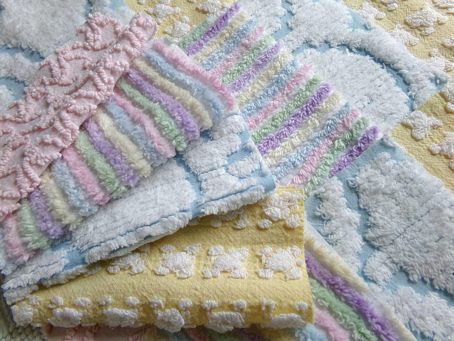 fairyland chenille fabric squares, 16 vintage 6" quilt blocks in pastel rainbow, pink & yellow rosebud, for sewing, crafts, fiber arts