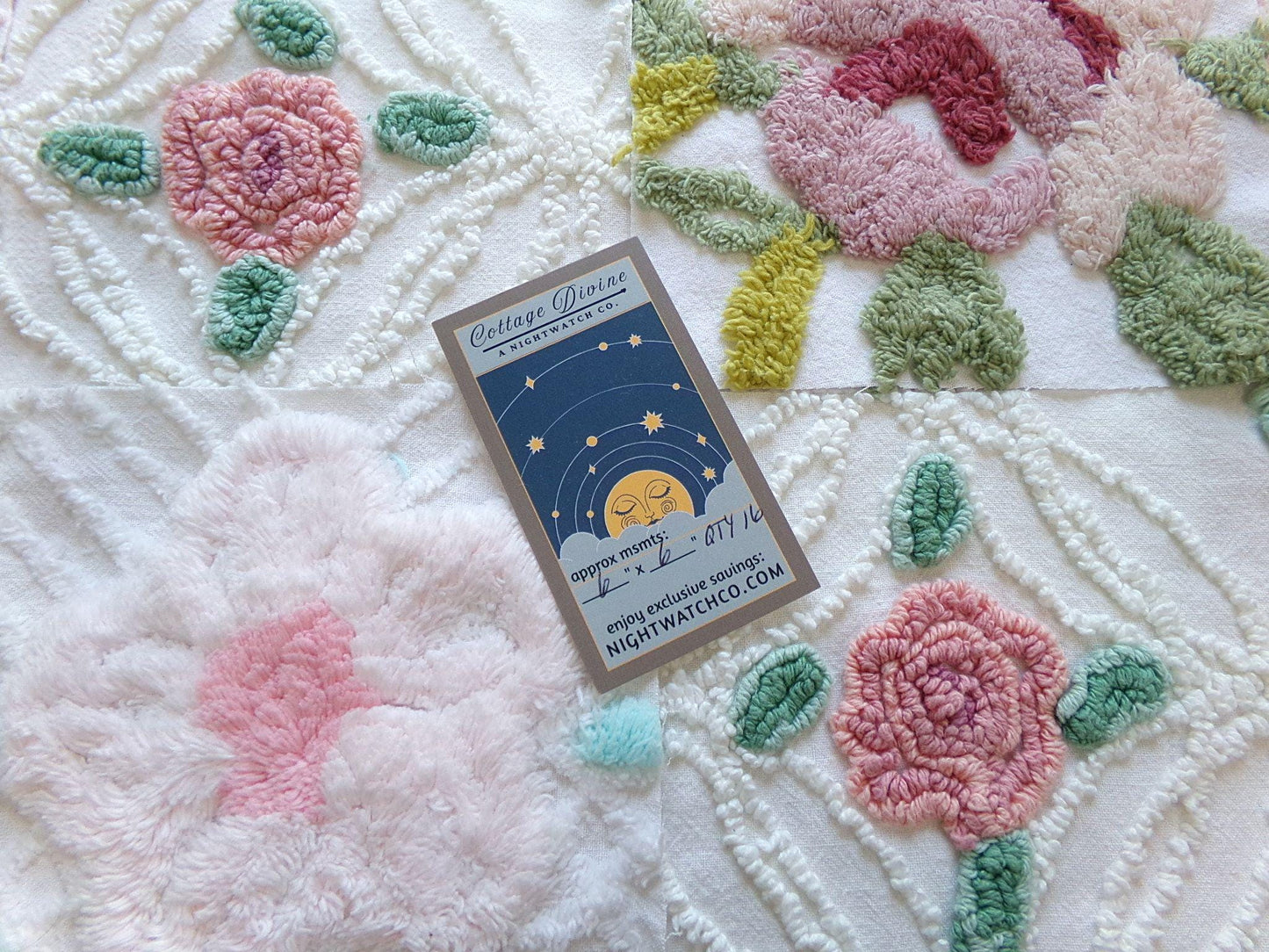 fairy flowers chenille fabric squares, set of 16 vintage craft quilt blocks 6" inches ea, soft pink, peach & floral