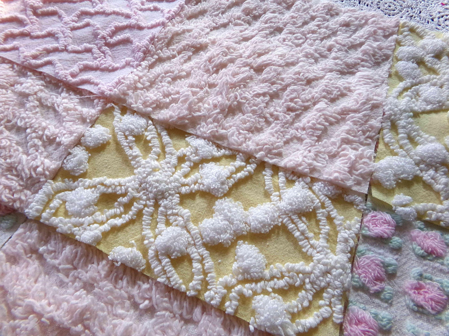 Whispers of Spring Vintage Chenille Fabric Squares Set 16 Blocks, 6" inch ea in Peach, Yellow, Pink & White daisies, rosebud, lattice, pops
