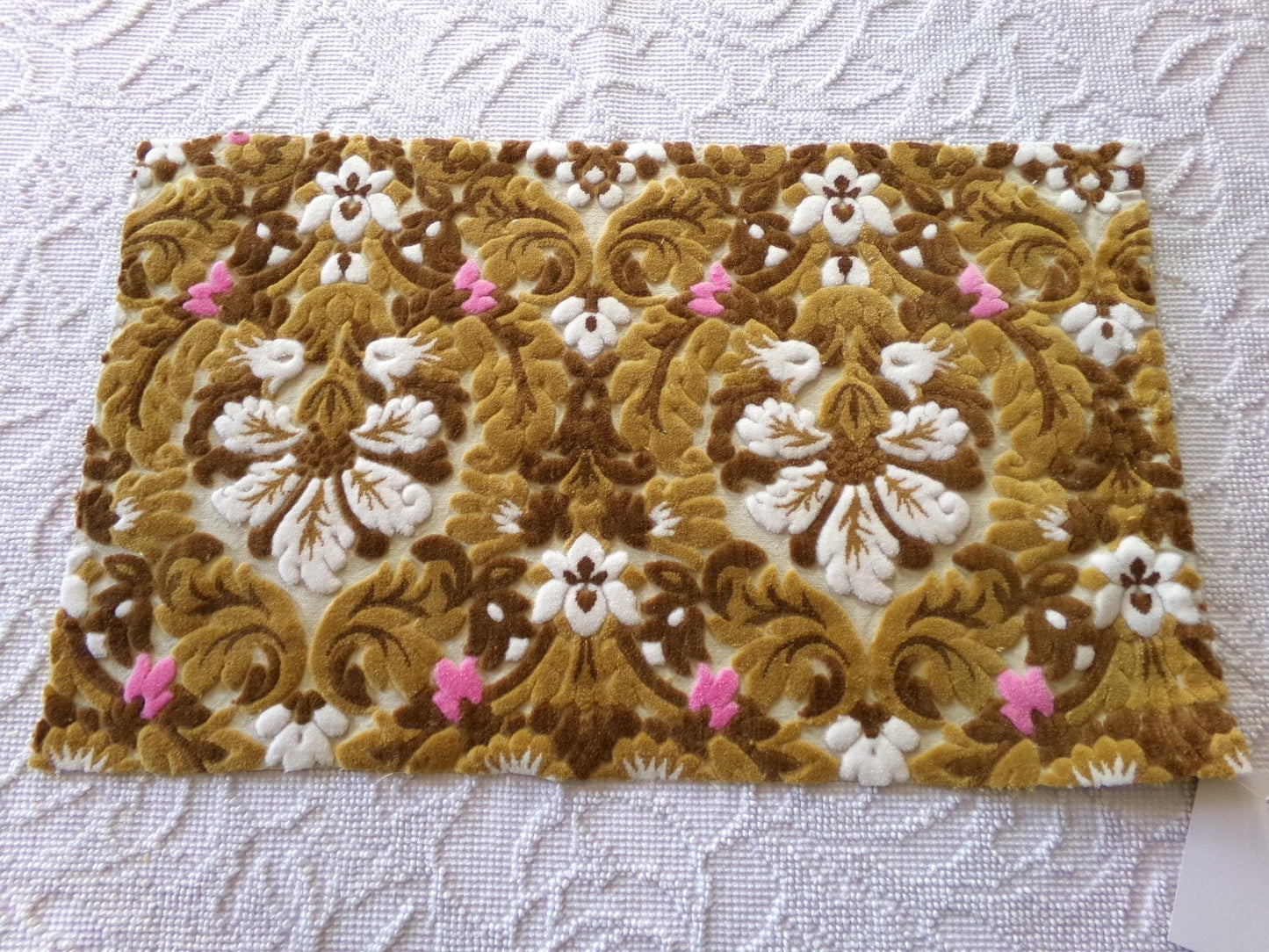 honey chocolate cut velvet fabric, vintage Bates tapestry chenille, 13" x 21" inch piece, ideal sewing material for small bags