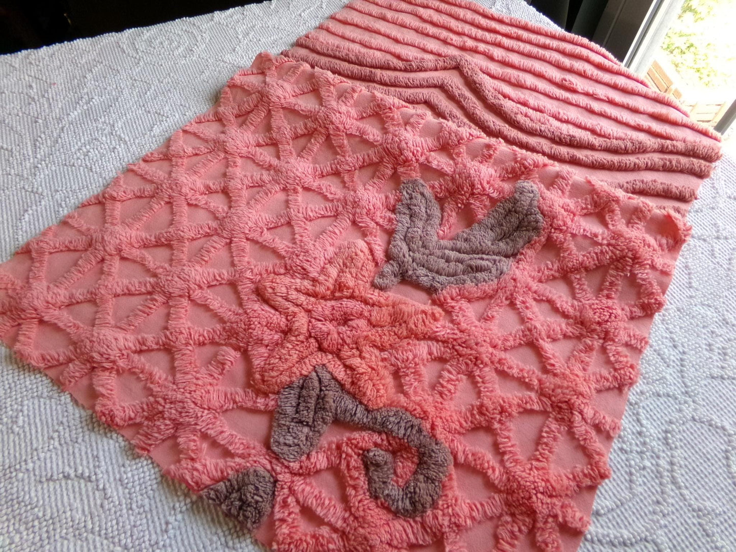 peach twinkles vintage chenille fabric panel in shabby starburst pattern, pretty sewing material for quilts & pillows, 30" x 17" inch piece