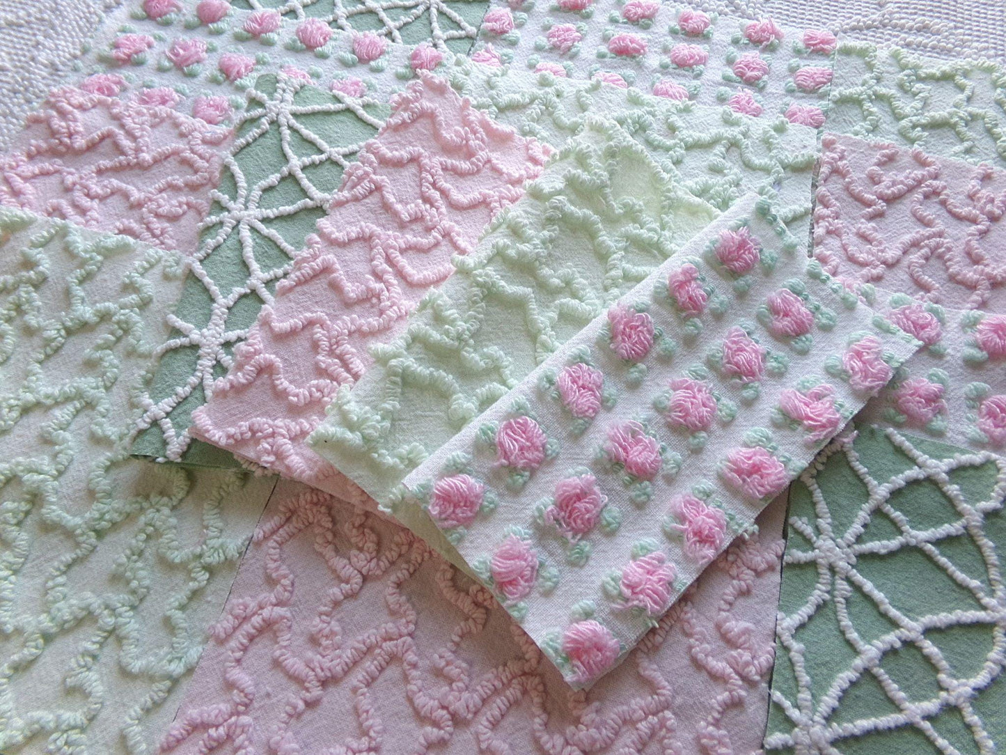 fairy garden chenille fabric squares, set of 16 vintage pink & green quilt blocks 6" ea, rosebud, squiggles for crafts, quilting