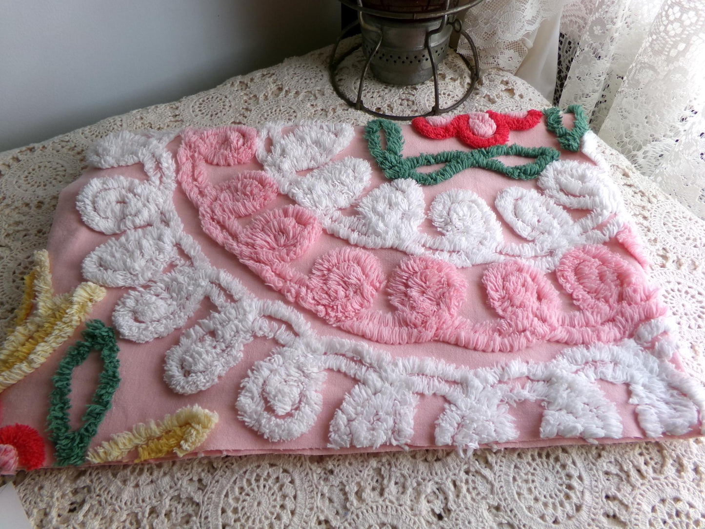 beautiful shabby pink vintage chenille fabric, frosted wedding cake design with rose flower, 20" x 31" inch piece of sewing material