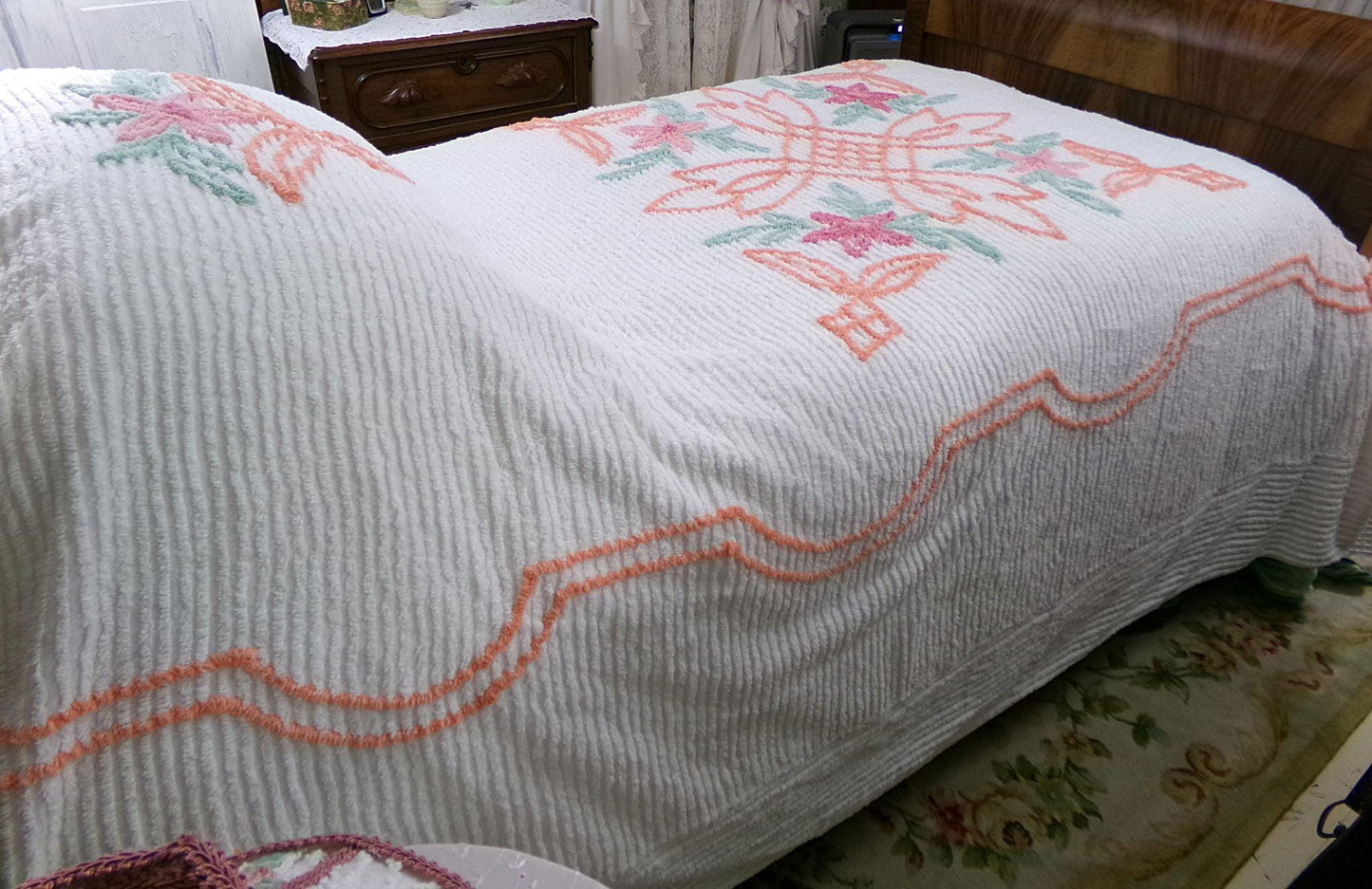 botanical white chenille bedspread, pink lily flowers & citrus orange scrollwork, full size cotton bedding, great summer coverlet