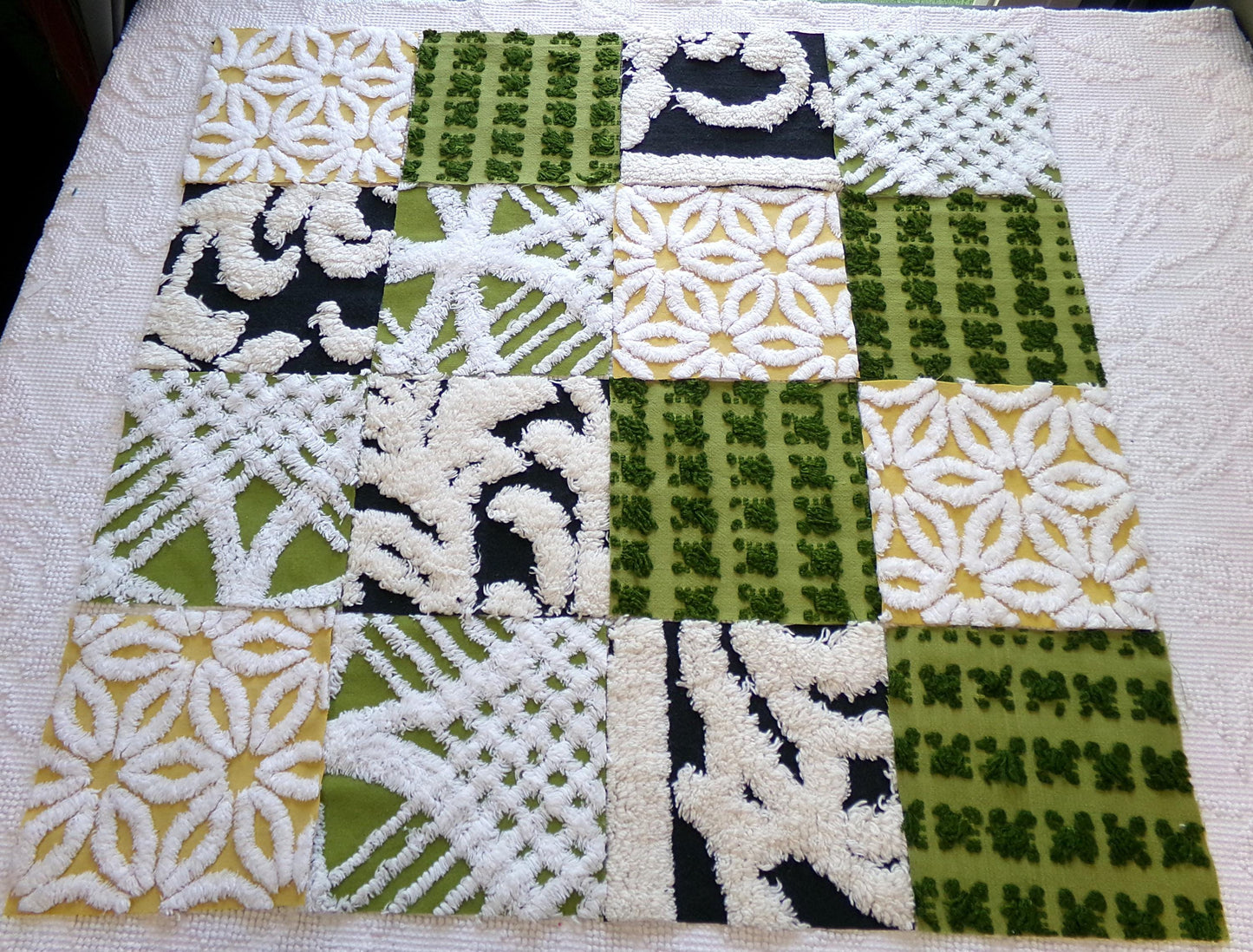 bewitching vintage chenille fabric squares, set of 16 black, green & gold 6" quilt blocks for crafts, sewing, diy pillow covers