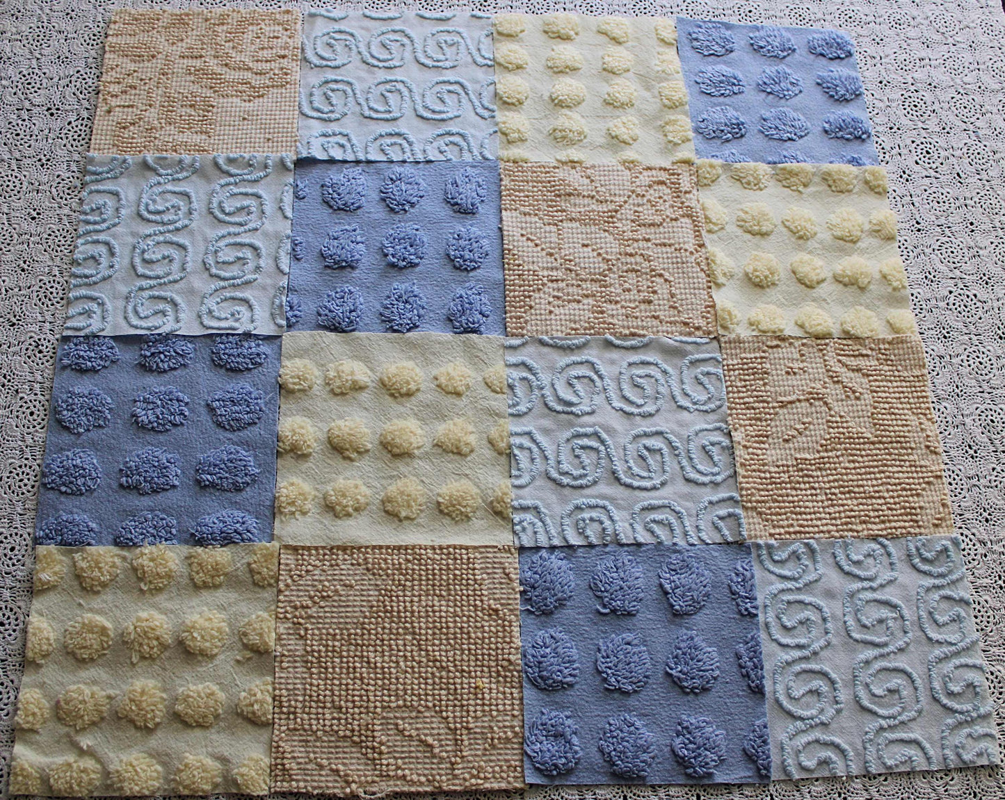 Ocean Sands Vintage Chenille Fabric Squares, Blue & Golden Sand Craft Square Set, 16 Blocks, 6" x 6" inch, Modern Chic