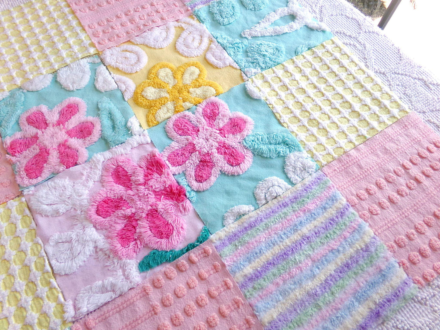 spring spirit chenille fabric squares, set of 16 pretty vintage pastel quilt blocks in rainbow pink, yellow, aqua florals & geometrics