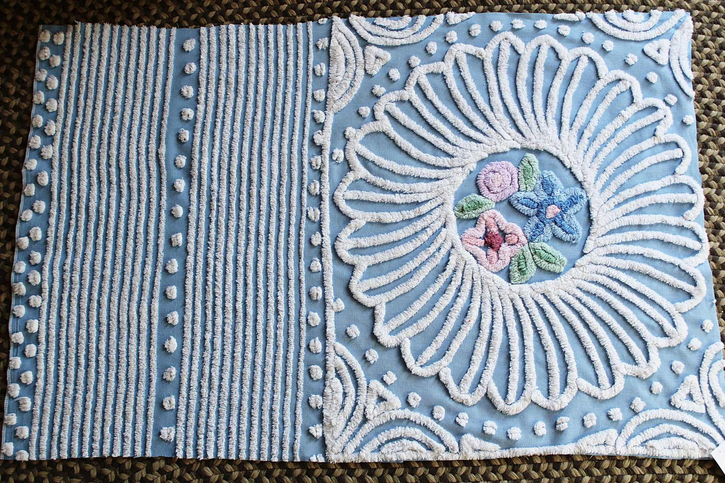 shabby chic vintage chenille fabric, exquisite daisy floral design, 37" x 23" piece, 100% cotton sewing material for wall hanging, quilts