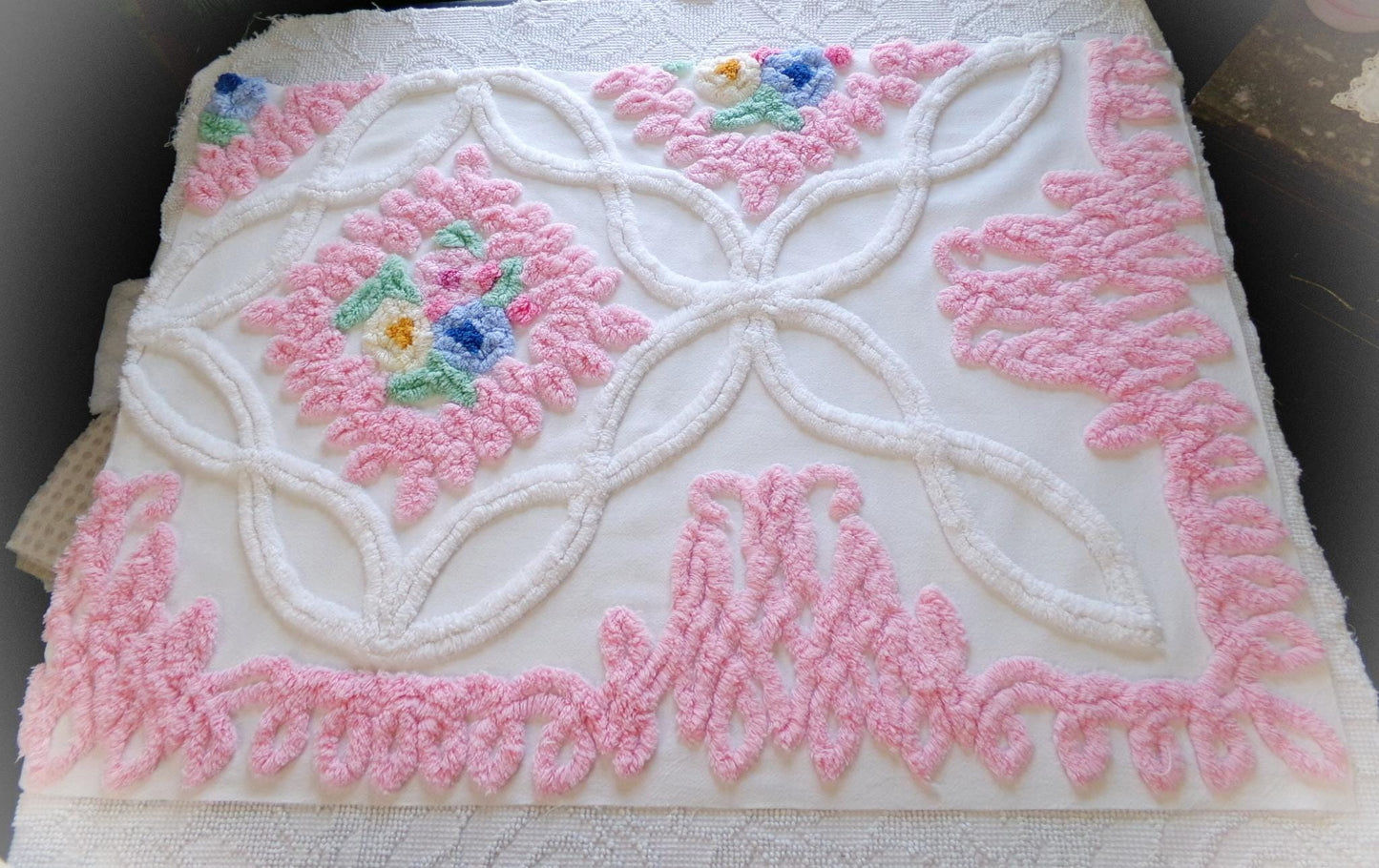 in love vintage chenille fabric, luxury tufted frosted wedding cake floral design, 32" x 22" inch piece of gorgeous cotton sewing material