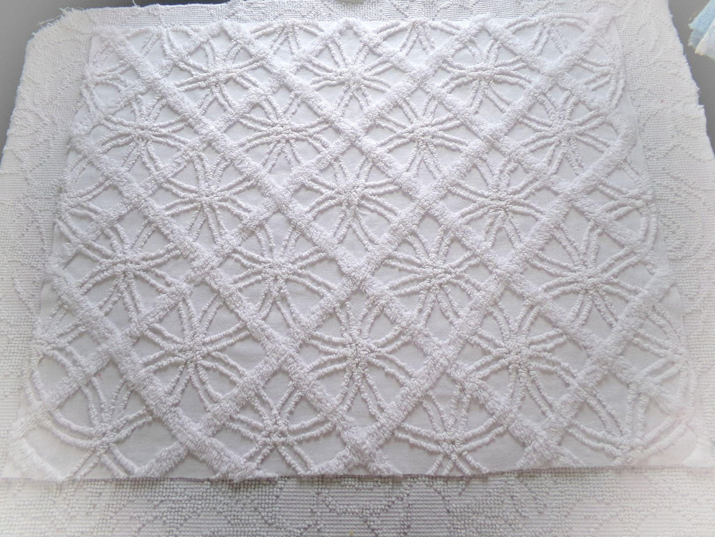 classy white chenille fabric, 3D windowpane webbing design, 20" x 25" inch piece of vintage sewing quilt material, versatile cool neutral