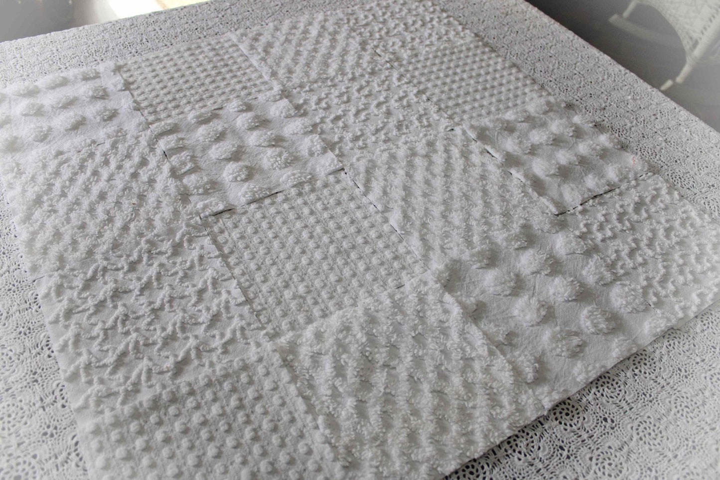 white chenille fabric squares in dynamic textures, coin dots, lattice, mini pop sparkle & squiggles, 16 vintage quilt blocks, 6" x 6" ea