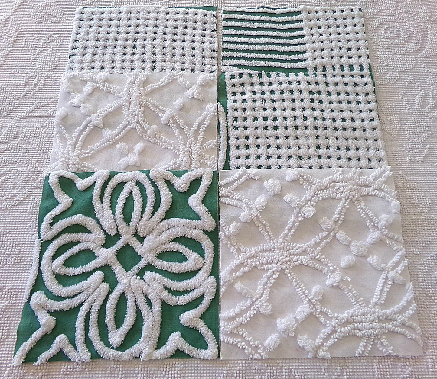 green & white chenille fabric squares, set of 6 large 9.5" square craft and quilt blocks, cut from vintage chenille bedspreads