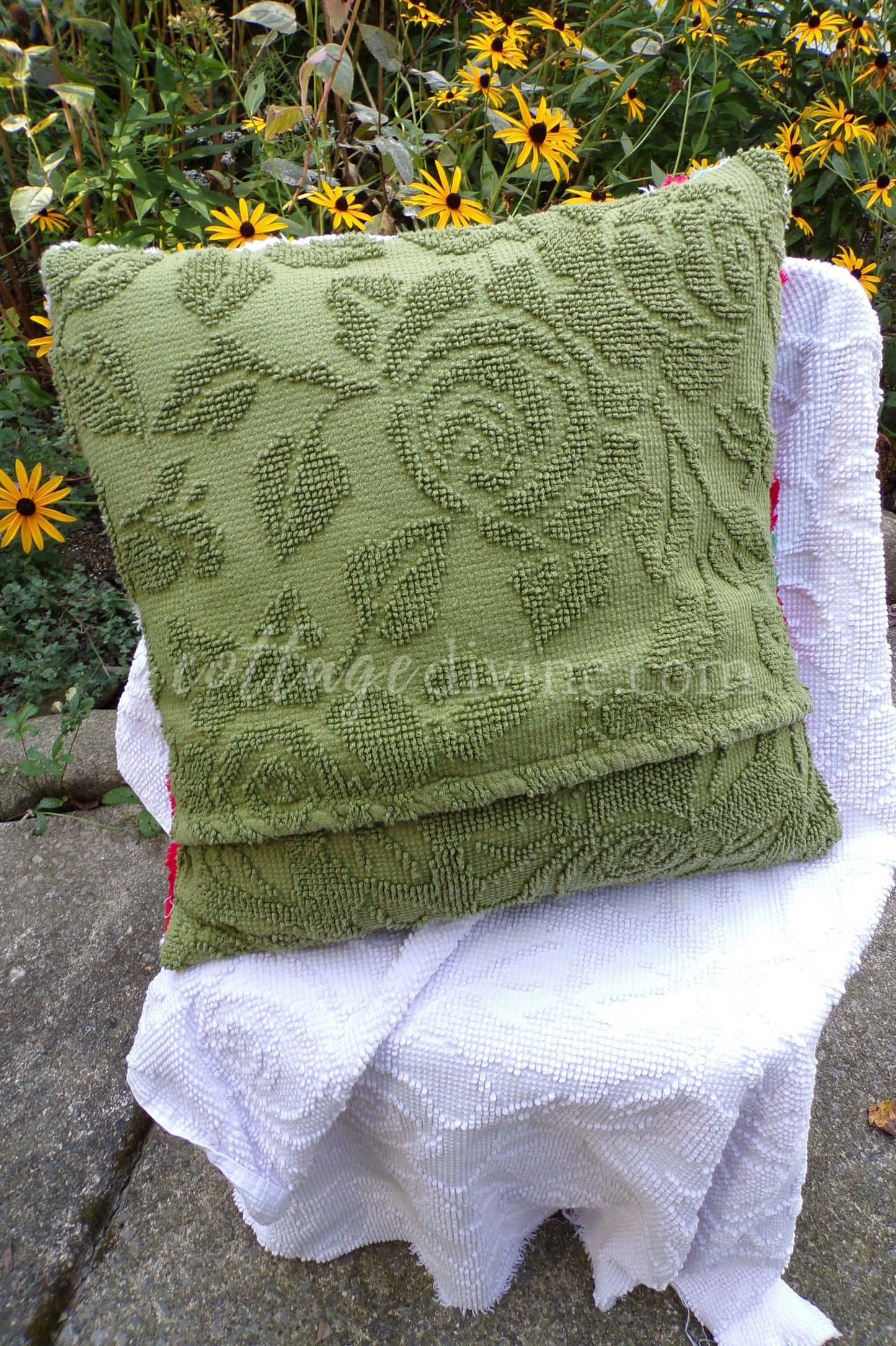 Christmas Patchwork Chenille Pillow Cover 16" x 16" inch Square, REVERSIBLE Accent Pillow Designed from Vintage Chenille Bedspread Fabric