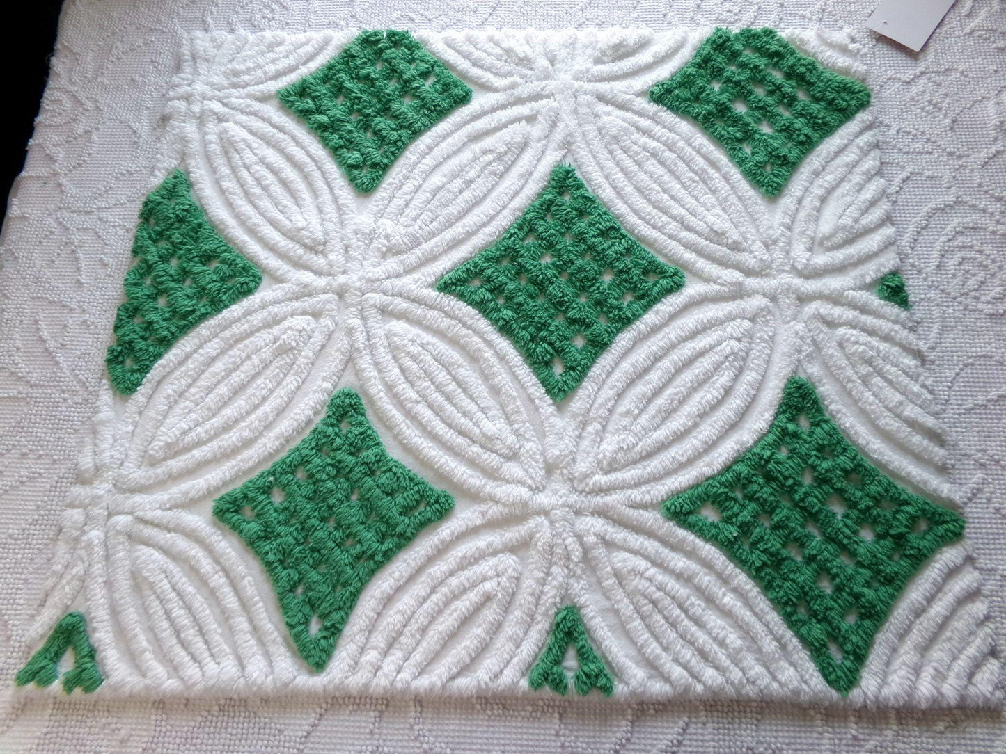 preppy chenille fabric, plush kelly green & white 23" x 20" inch piece of vintage sewing material for pillows, quilting, crafts