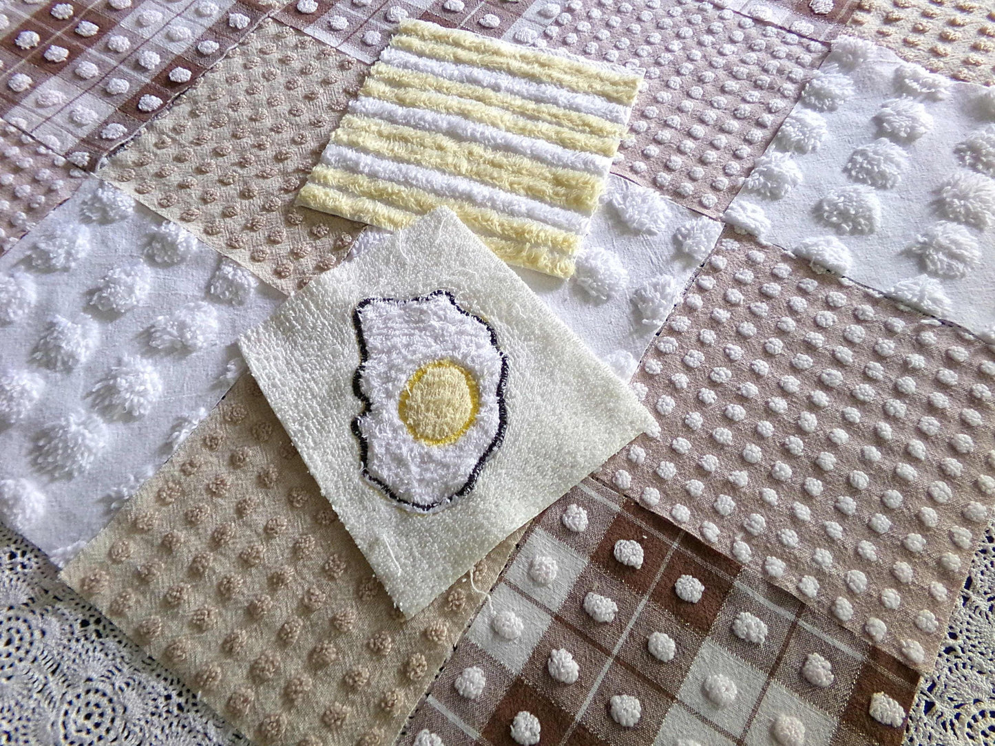 Novelty Chenille Fabric Squares Set, "Retro Diner" 16 Vintage Quilt Blocks, 6" x 6" inches each, for Quilting, Sewing, DIY Pillows